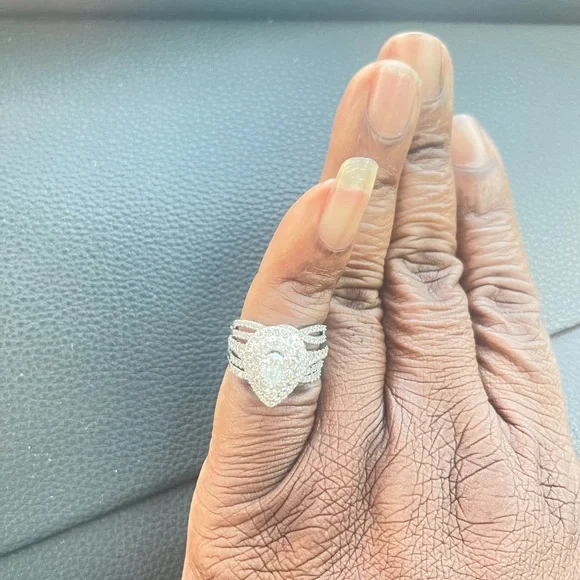 Engagement wedding diamond double halo 14k white gold ring - Picture 2 of 4